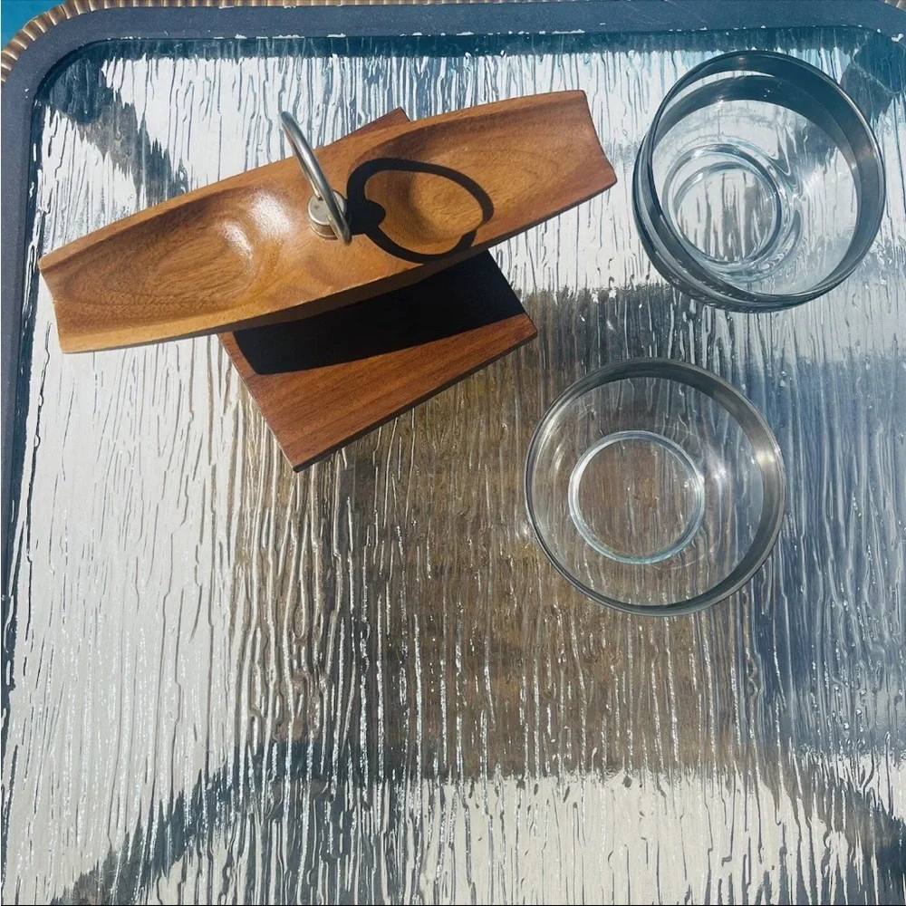 Vernco Gunstock Vintage 70's Walnut Wood Glass Serving Condiment‎ Lazy Susan